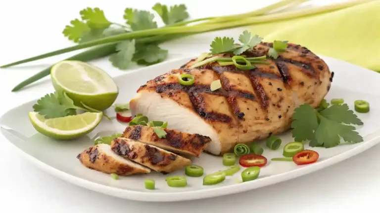 Grilled chicken seasoned with jerk seasoning, garnished with fresh herbs and served on a plate.