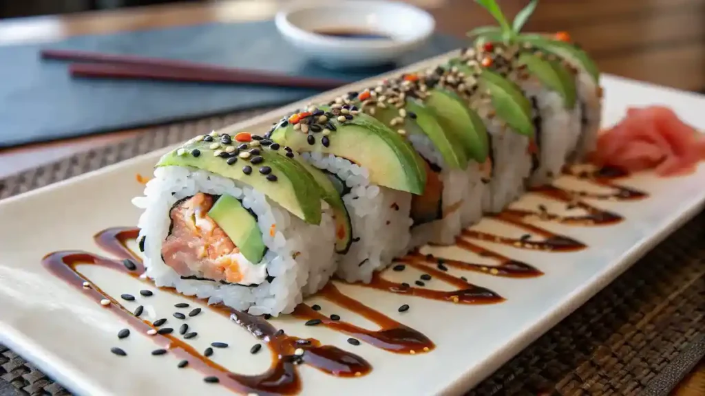 A beautifully plated Volcano Roll with garnishes.