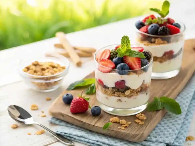 A vibrant yogurt parfait with layers of yogurt, berries, and granola in a clear glass, garnished with mint.