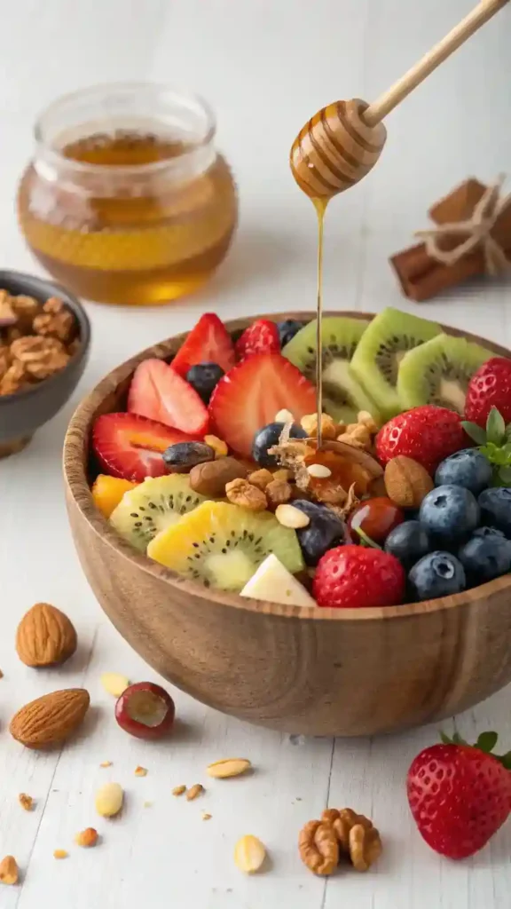 A finished Fruit and Nut Bowl with Honey Drizzle, ready to be served.