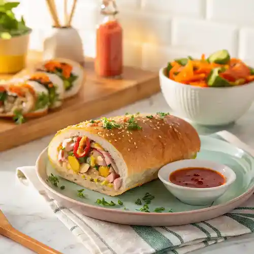 Stuffed bolillo sandwich filled with vegetables and ham, served with dipping sauce on a plate.