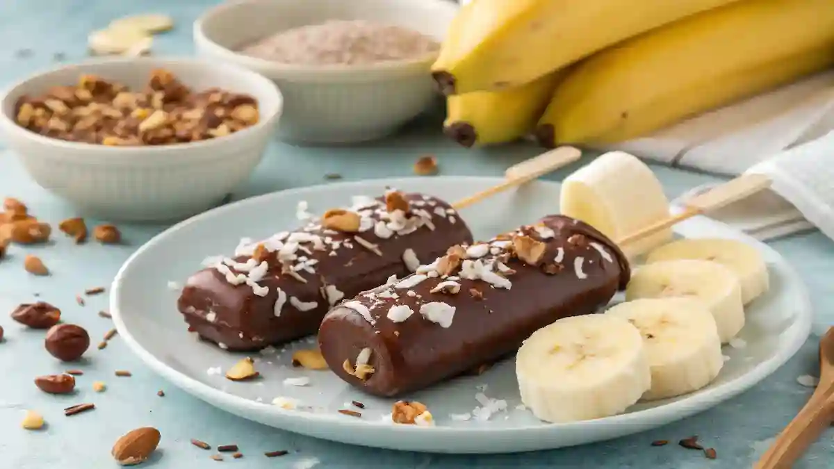 Delicious Frozen Chocolate Covered Bananas served on a plate with toppings.