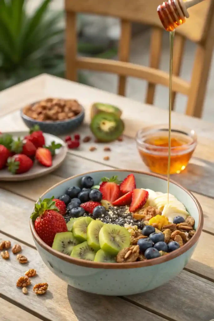 Fruit & Nut Bowl Quick No Cook Breakfast Colorful fruit and nut mix in a bowl with honey drizzled on top.