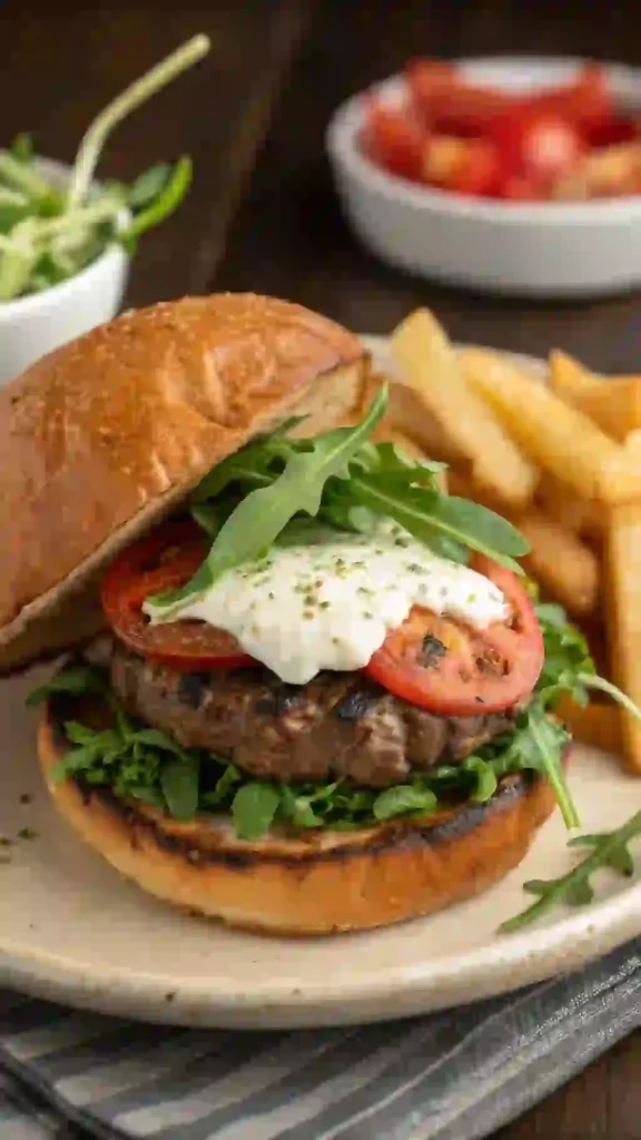 Delicious goat cheese burger with fresh toppings