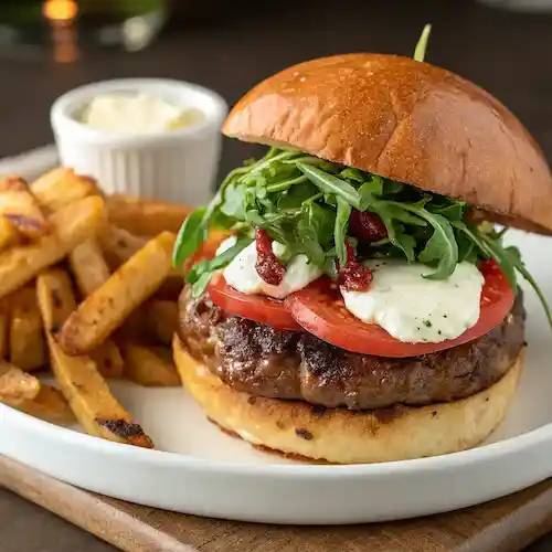 Gourmet beef burger with tomatoes, arugula, and cheese, served with French fries and dipping sauce.