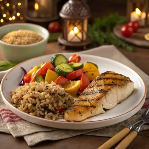 Grilled fish fillet served with wild rice and sautéed mixed vegetables on a dinner plate