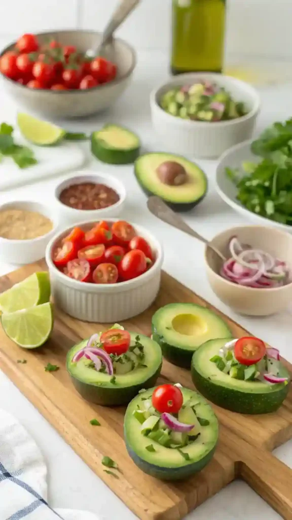 Step-by-step preparation of Avocado Salad on Cucumber Rounds with fresh ingredients.
