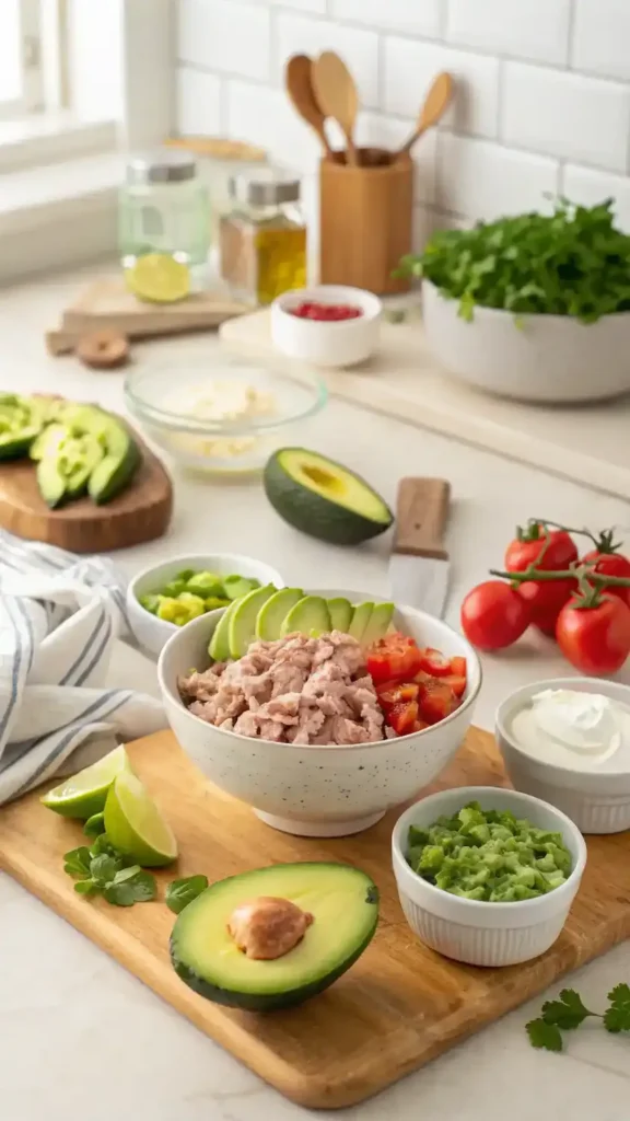 A step-by-step process of making Avocado Tuna Salad with fresh ingredients.
