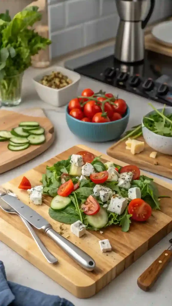 A vibrant Blue Cheese Salad being prepared with fresh ingredients.