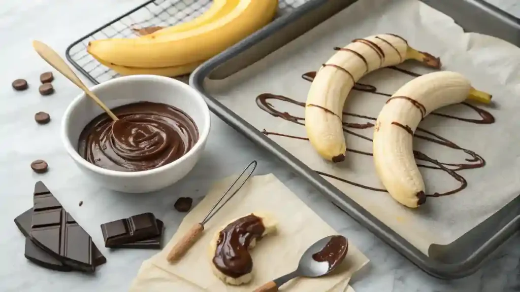 Step-by-step process of making Frozen Chocolate Covered Bananas, including ingredients and preparation steps.