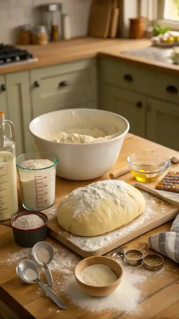A step-by-step process of making hoagie rolls with ingredients laid out on a kitchen counter.