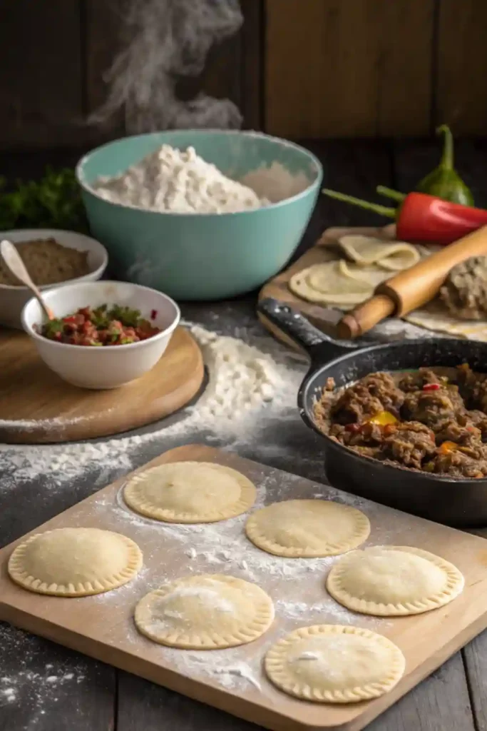 Step-by-step process of making Jamaican beef patties, including dough preparation and filling.