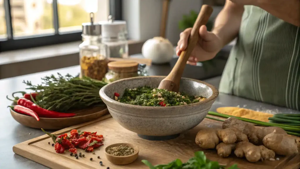 A vibrant display of fresh herbs and spices being mixed to create jerk seasoning.