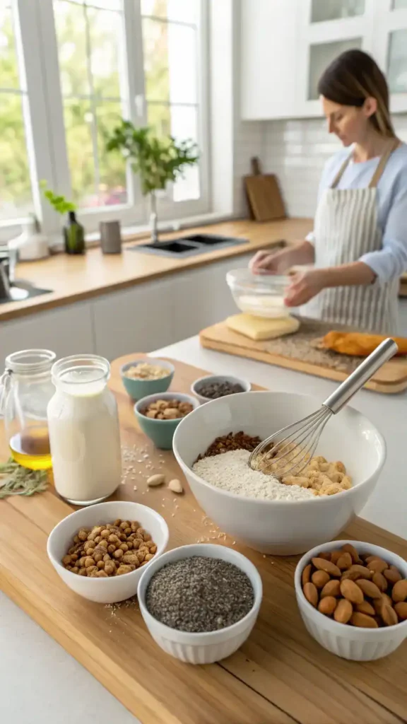 A step-by-step process of making keto breakfast cereal with ingredients displayed.