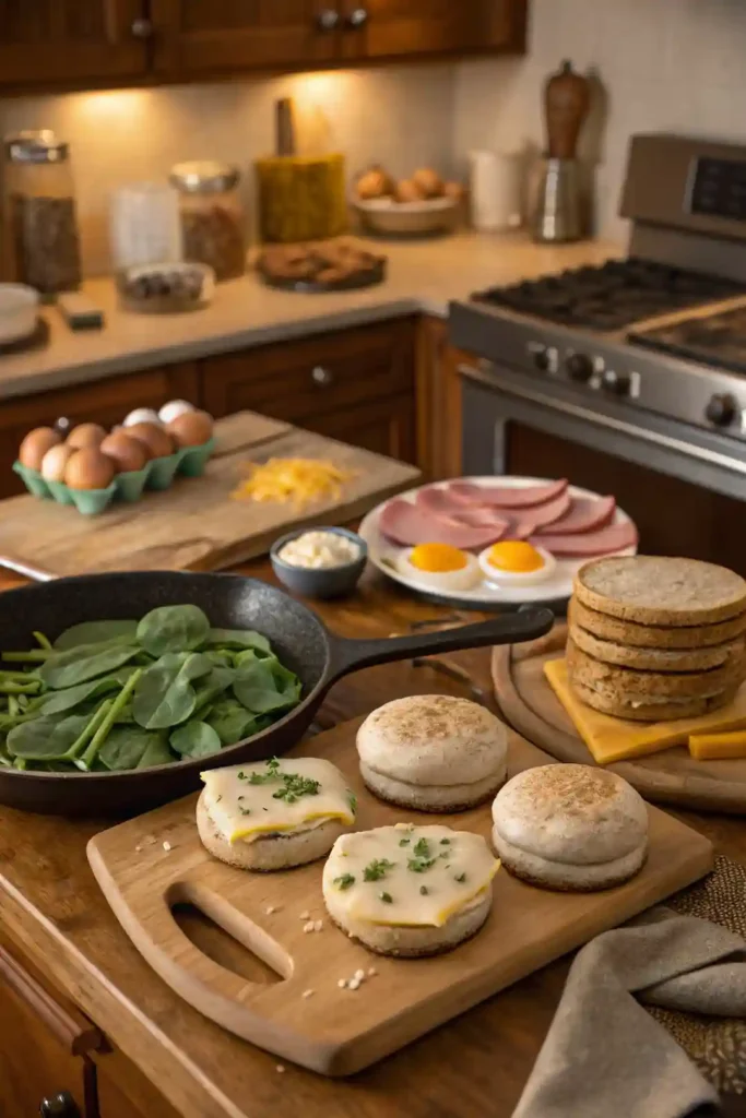 A step-by-step guide to making Meal Prep Breakfast Sandwiches with ingredients laid out.
