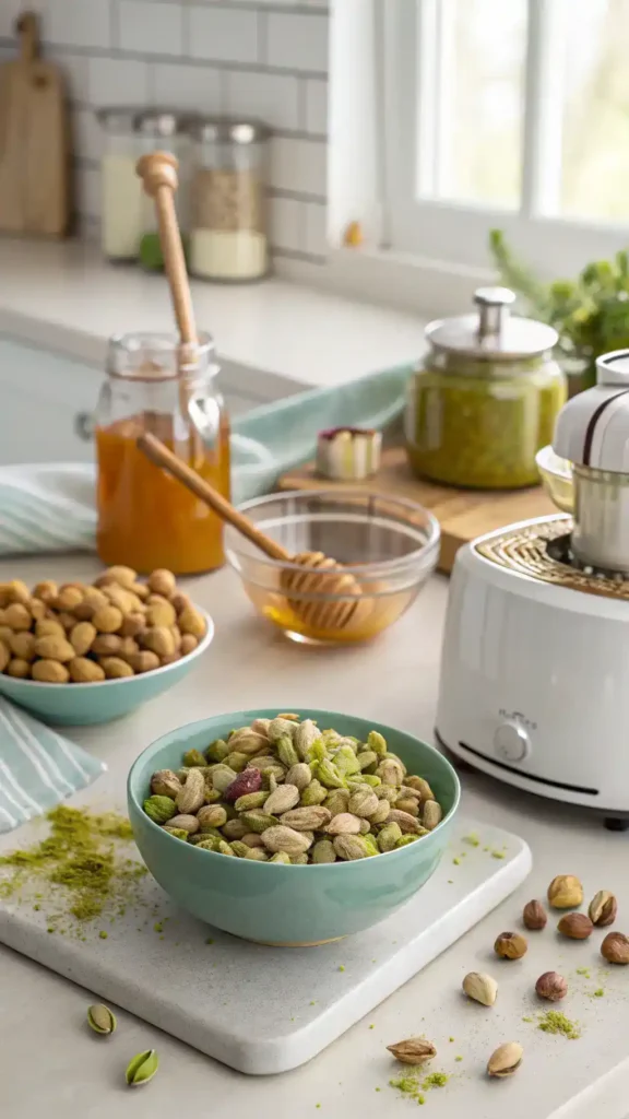 Step-by-step process of making pistachio butter with ingredients and a food processor.