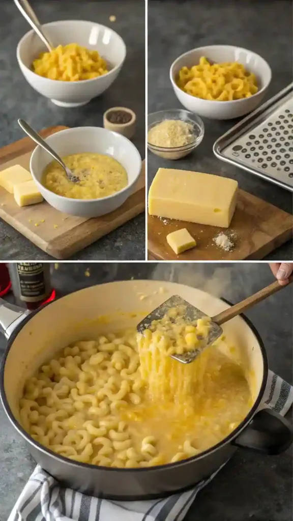 Step-by-step process of making Tini’s Mac and Cheese with ingredients and cooking utensils.