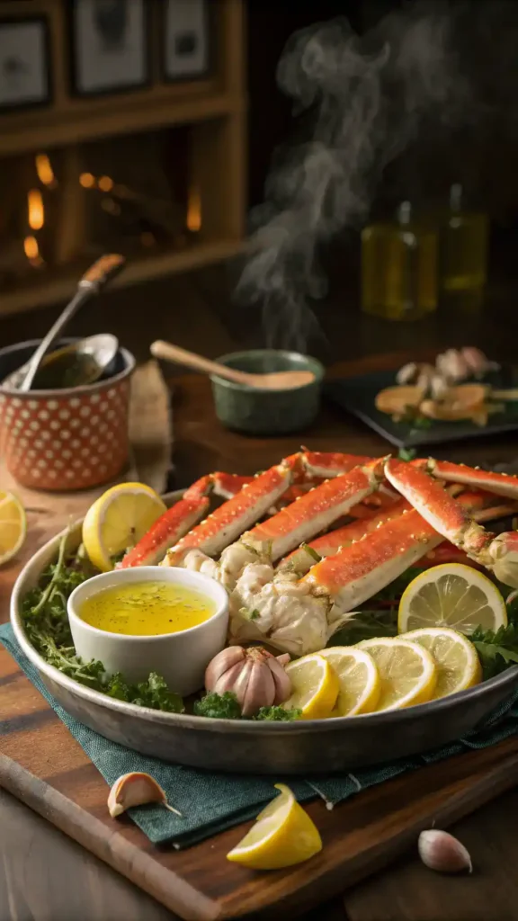 A delicious platter of crab legs served with melted butter and lemon wedges.