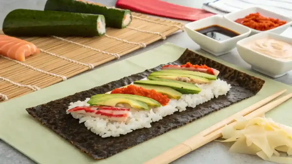 Step-by-step process of making a Volcano Roll with ingredients laid out.
