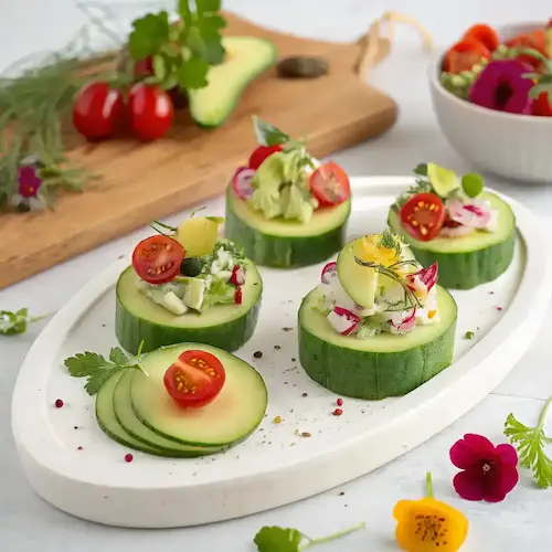 Creative serving suggestions for Avocado Salad on Cucumber Rounds.