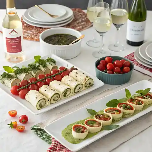 Serving suggestions for Caprese Roll Ups displayed on a table.