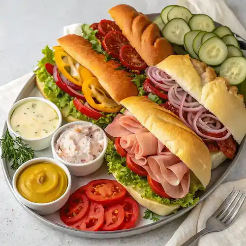 A variety of fillings for hoagie rolls displayed on a platter.