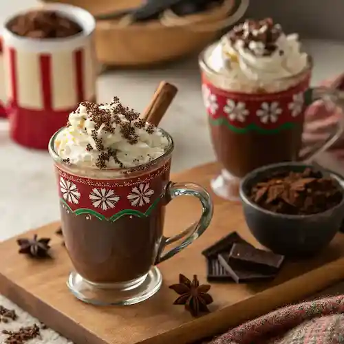 A beautifully served cup of hot chocolate with Mexican chocolate, garnished with whipped cream and chocolate shavings.