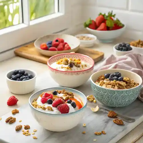 Different serving ideas for keto breakfast cereal with various toppings.