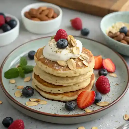 Oat Flour Pancakes served with a variety of toppings.