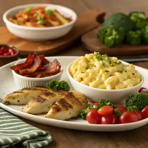 Serving suggestions for Tini’s Mac and Cheese with side dishes.