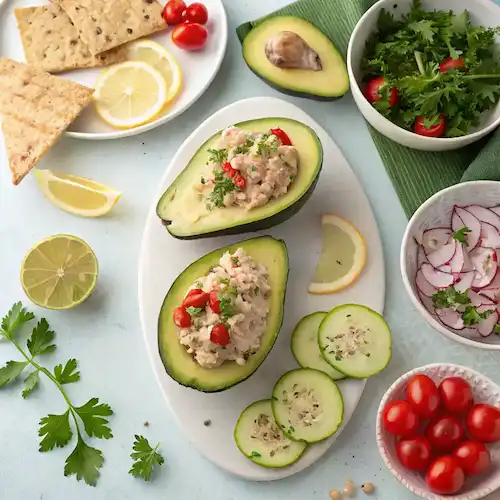 Serving suggestions for Tuna Stuffed Avocados.