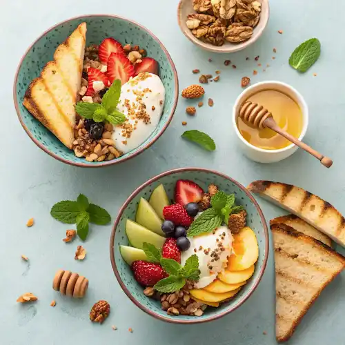 Different serving suggestions for Fruit & Nut Bowl with Honey Drizzle.