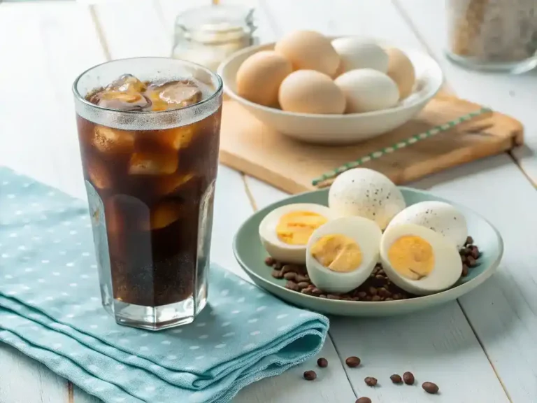 A refreshing glass of Iced Collagen Coffee with boiled eggs on a breakfast table.