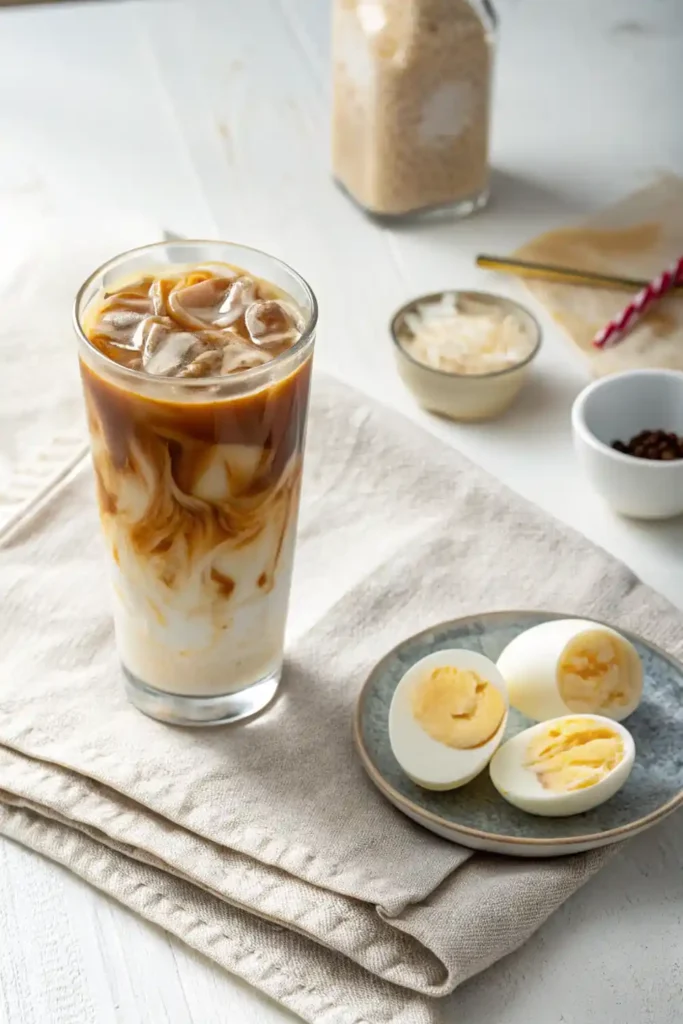 Iced Collagen Coffee & Eggs – High-Protein Keto Breakfast Iced coffee with almond milk and two boiled eggs
