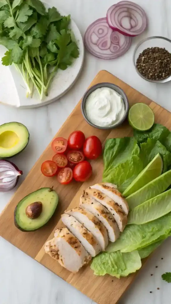 Ingredients for Avocado Chicken Lettuce Wraps displayed on a cutting board.