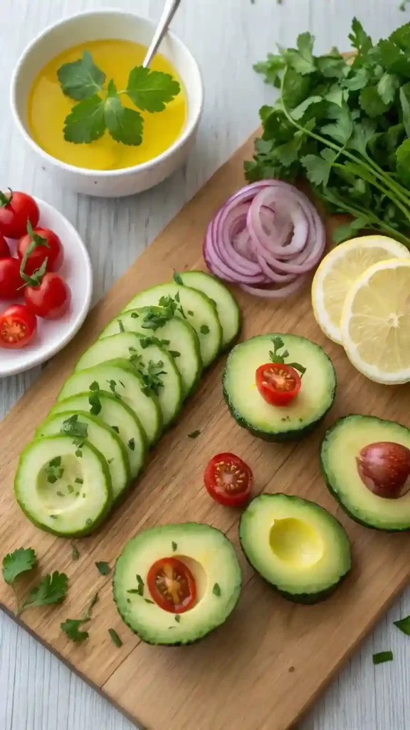 Ingredients for Avocado Salad on Cucumber Rounds displayed on a cutting board.