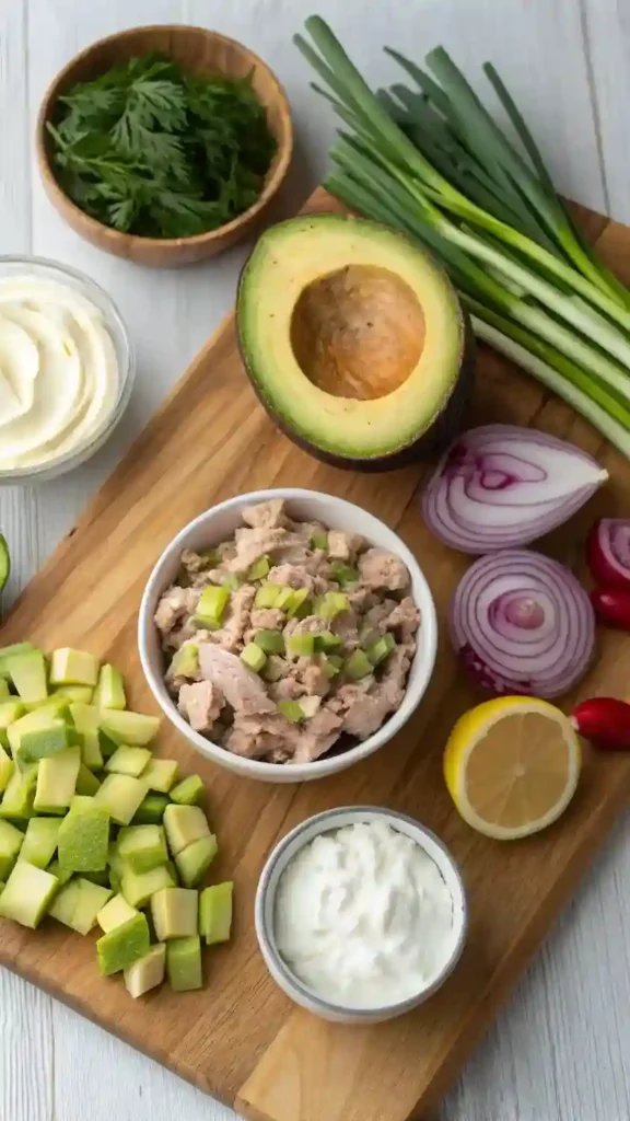 Ingredients for Avocado Tuna Salad displayed on a cutting board.