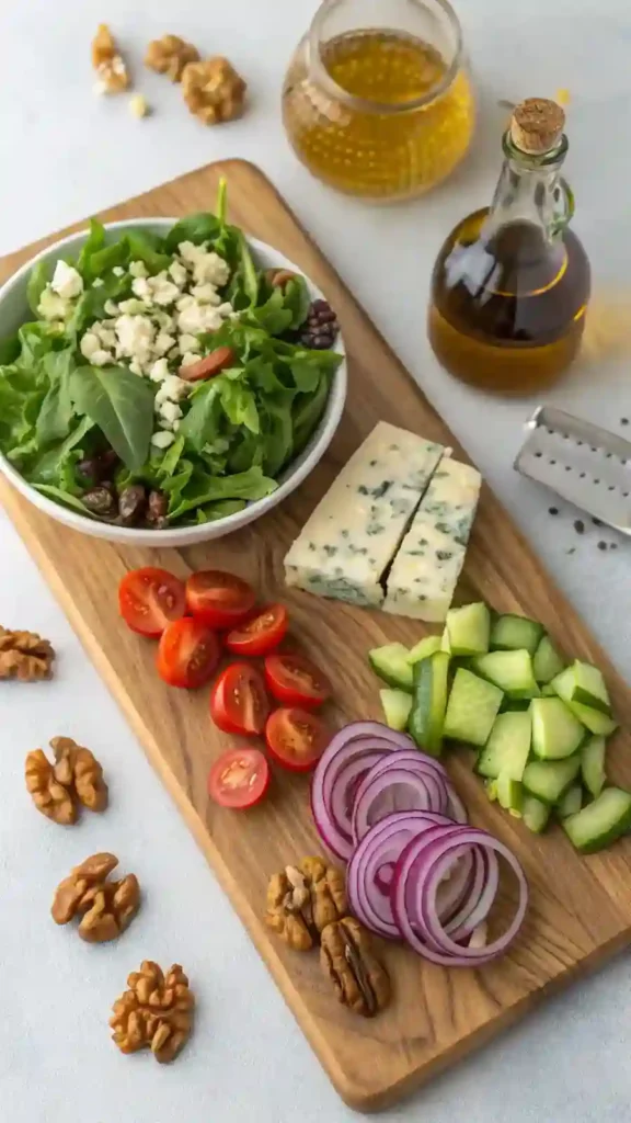 Ingredients for Blue Cheese Salad Ingredients for Blue Cheese Salad displayed on a wooden cutting board.