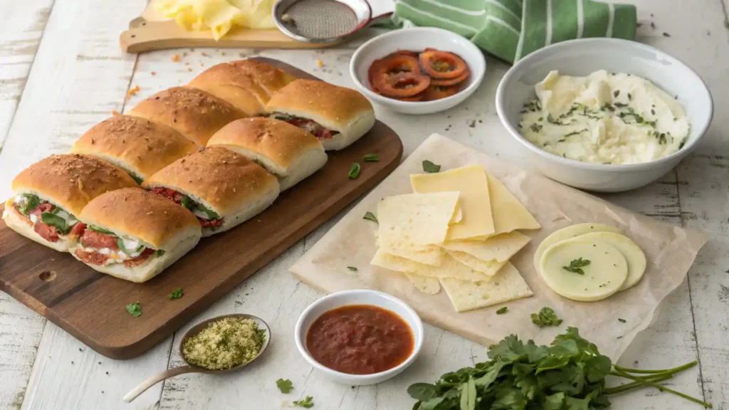 Ingredients for bolio roll including bread, fillings, and sauces.