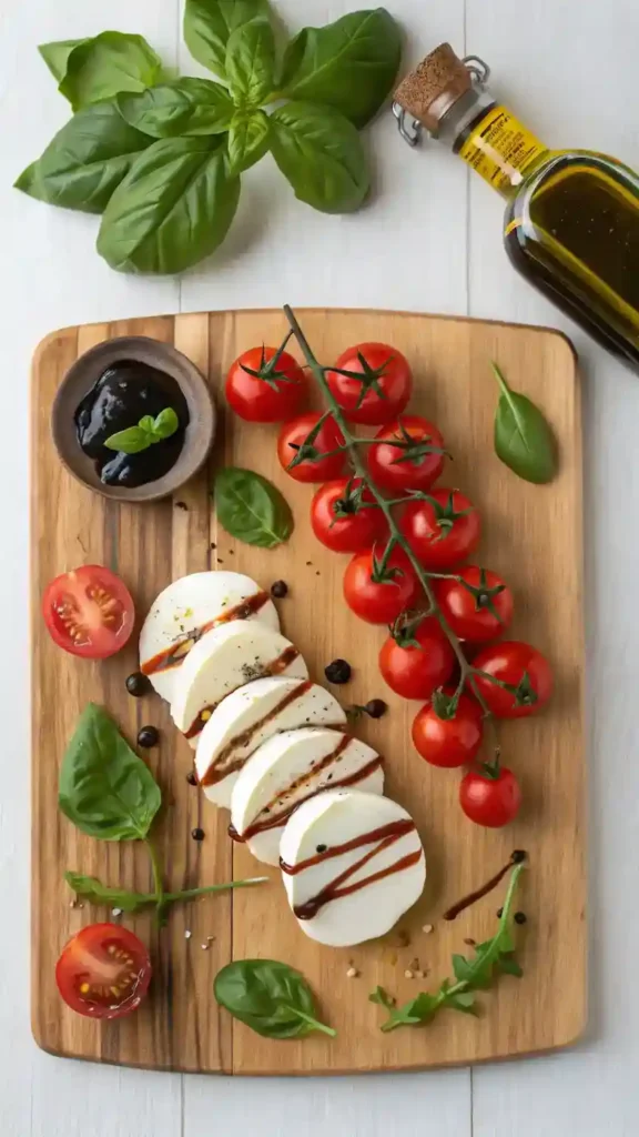 Ingredients for Caprese Roll Ups Ingredients for Caprese Roll Ups displayed on a wooden cutting board.