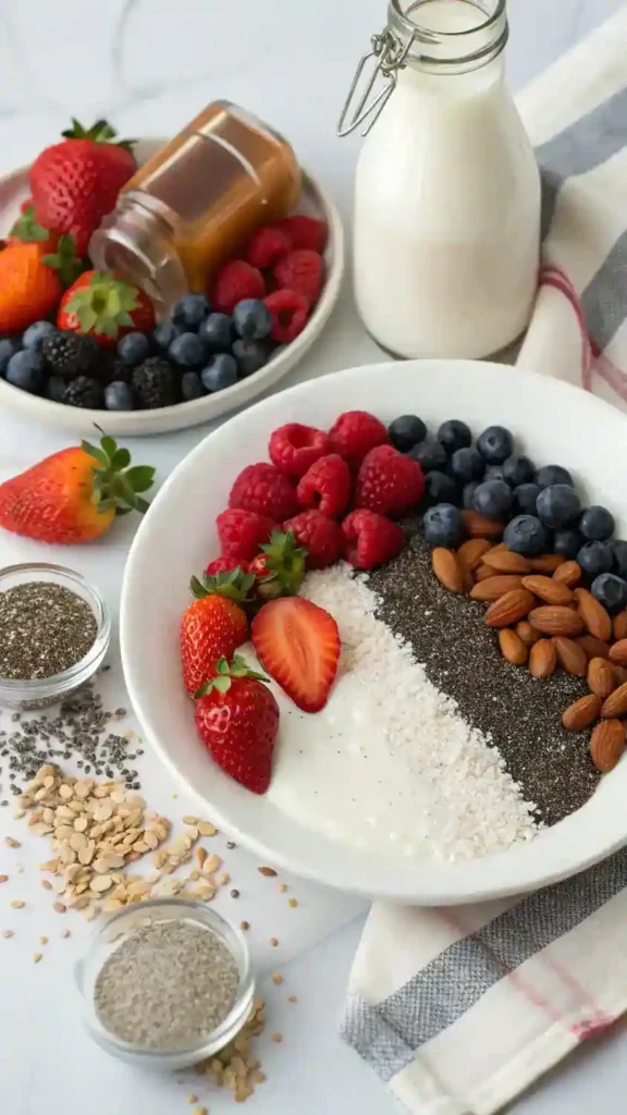 Ingredients for Chia Pudding including chia seeds, almond milk, maple syrup, vanilla extract, and fresh berries.