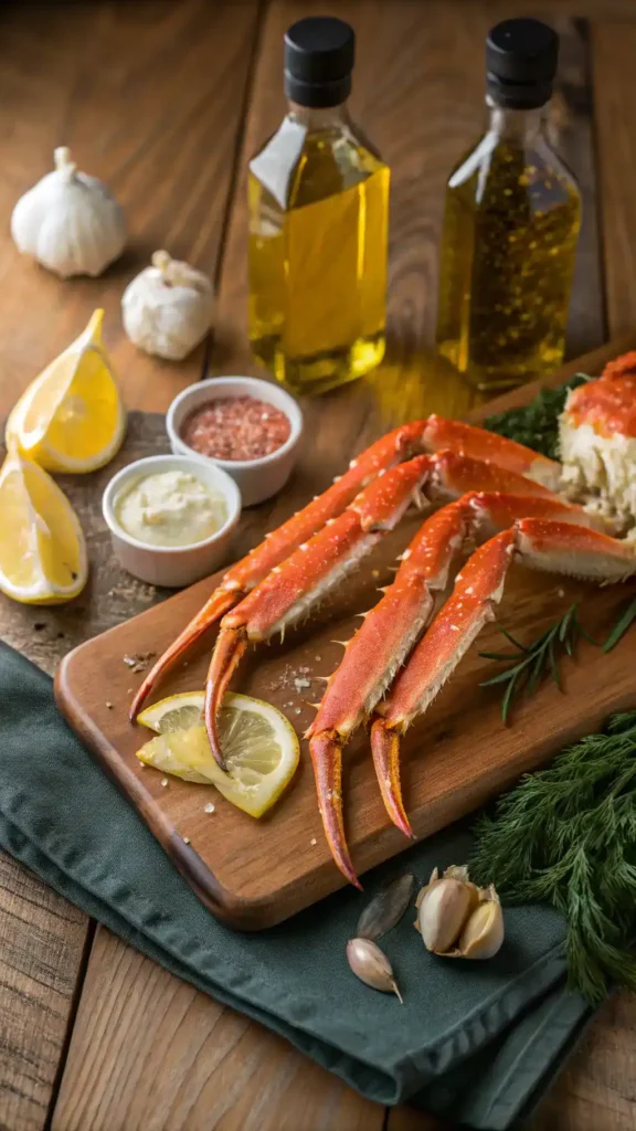 Ingredients for crab legs including fresh crab, butter, garlic, and lemon.