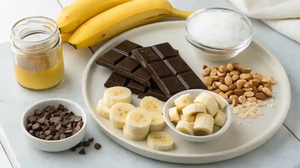 Ingredients for Frozen Chocolate Covered Bananas displayed on a wooden table.