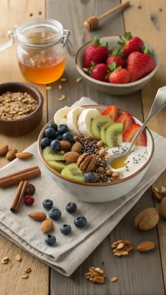 Ingredients for Fruit and Nut Bowl with Honey Drizzle laid out on a wooden table.