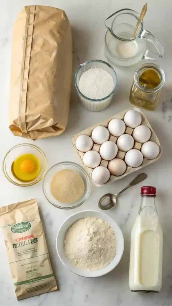 Ingredients for making hoagie rolls displayed on a wooden table.