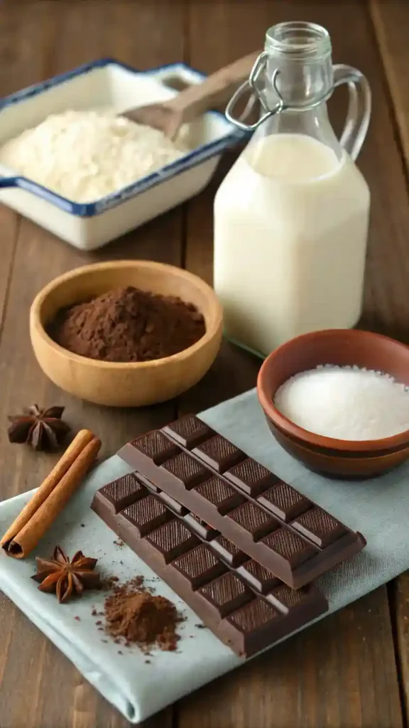 Ingredients for hot chocolate with Mexican chocolate, including Mexican chocolate, milk, sugar, cinnamon, and vanilla extract.