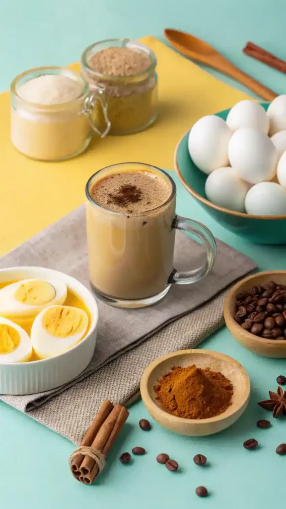 Ingredients for Iced Collagen Coffee with boiled eggs displayed on a kitchen counter.