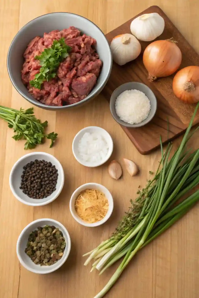 Ingredients for Jamaican beef patties including flour, ground beef, spices, and vegetables.