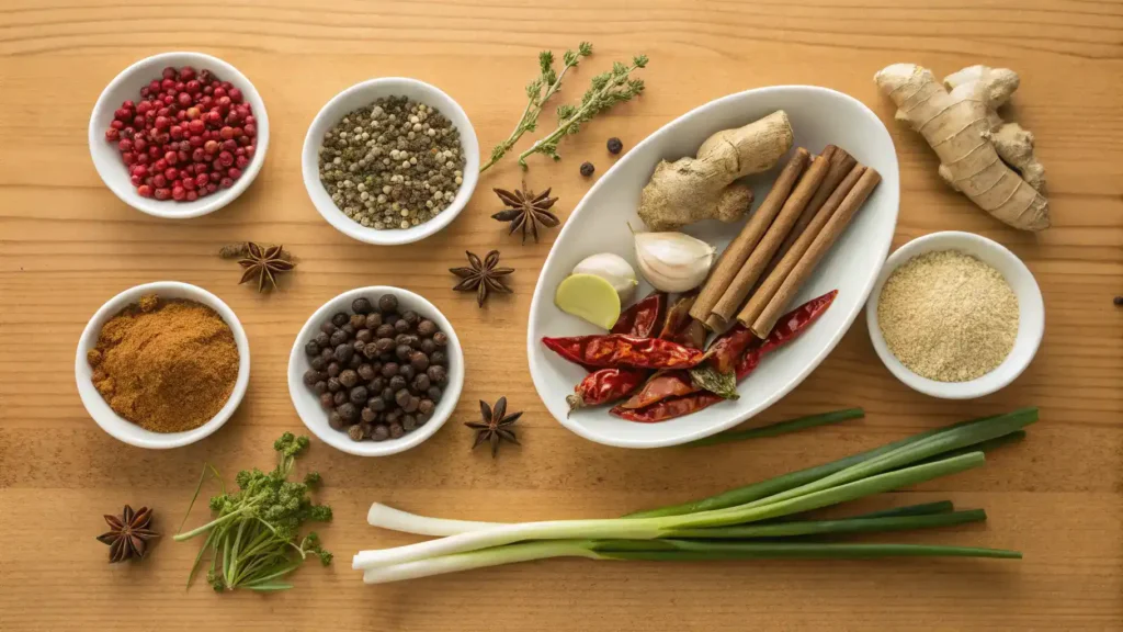 Ingredients for jerk seasoning including allspice, thyme, and scotch bonnet peppers displayed on a wooden table.