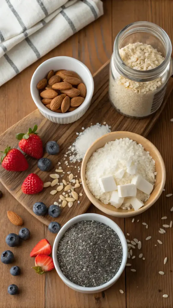 Ingredients for keto breakfast cereal displayed on a wooden table.